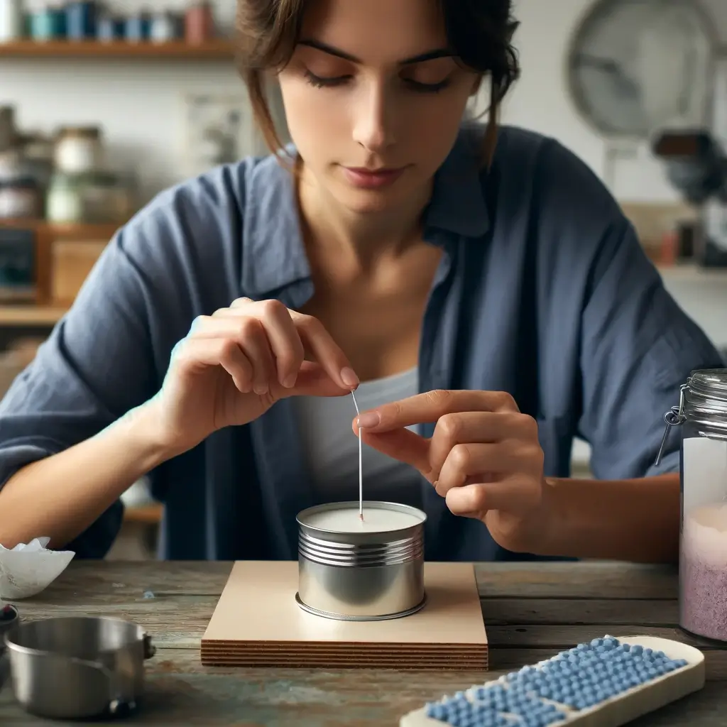 DALL·E 2024 04 17 13.31.28 A woman carefully applying a small piece of adhesive putty like Patafix to the metal clip at the base of a candle wick. The setting is a crafting ar 1 Adım Adım Evde Mum Yapma Rehberi